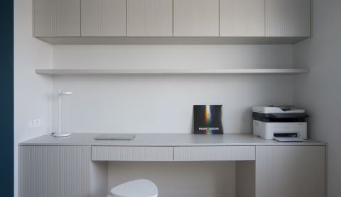 Dark blue technical core and hallway inside Belgrade Waterfront Apartment