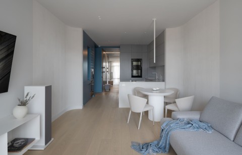 Kitchen and living area in Belgrade Waterfront Apartment with minimal cabinetry and large windows