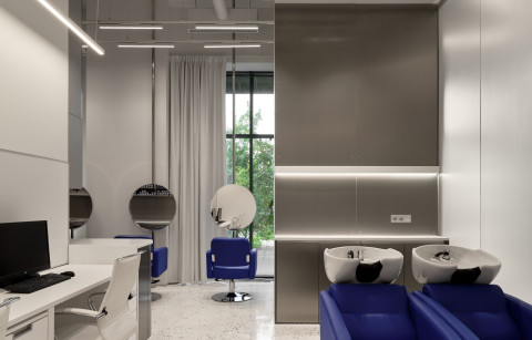 Wide view of the BIG Laboratory training room for professional hair colorists