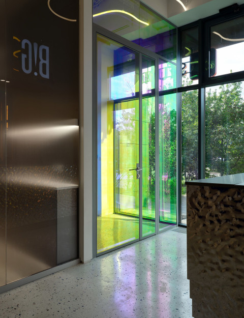 Vertical BIG Laboratory interior detail with gradient color and reflective material