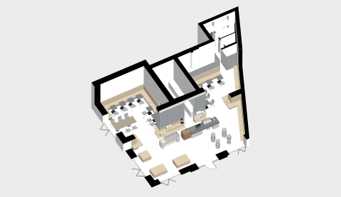 Axonometric diagram of furniture and zones in Chernyi Cooperative Coffee Roasters