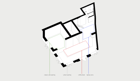 Axonometric drawing showing the Chernyi Cooperative Coffee Roasters interior layout