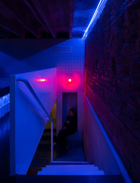 Floating stair and mezzanine DJ area inside KuKu Bar