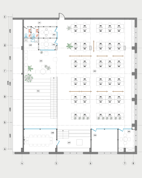 Second floor plan of the Mighty Buildings office with workstations, meeting rooms and amphitheater