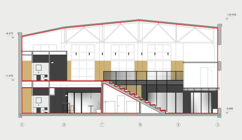 Section drawing of the Mighty Buildings office showing the amphitheater stair and two-level layout
