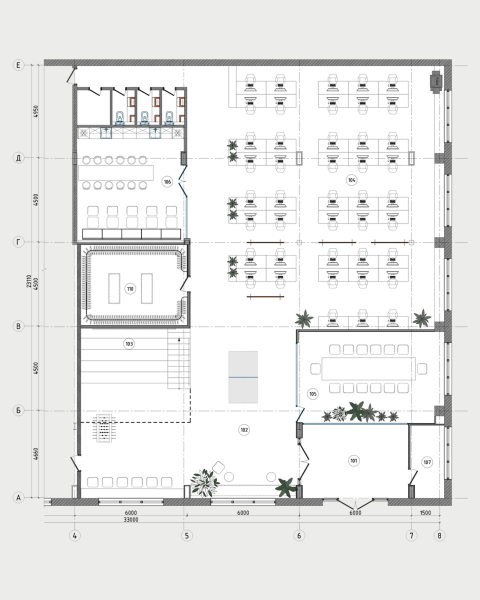 First floor plan of the Mighty Buildings office with amphitheater, meeting rooms and common areas