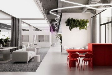 Office for IT company concept with yellow island, transformable core and open workspace