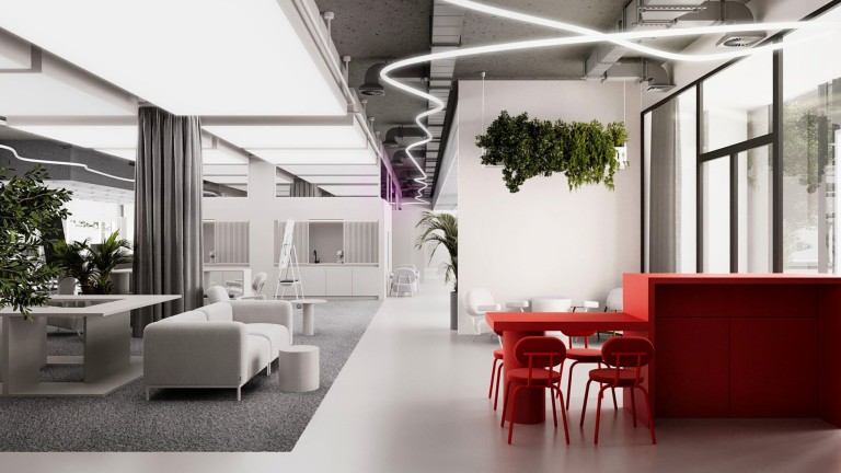 Office for IT company concept with yellow island, transformable core and open workspace