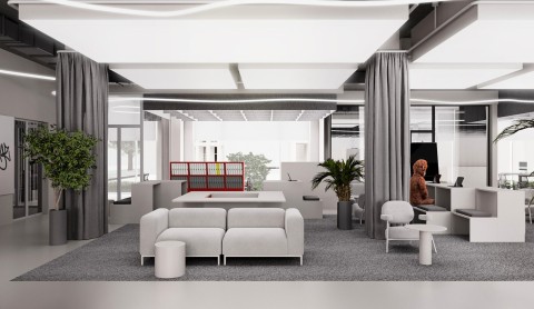 Yellow kitchen island and communal area in Office for IT company concept