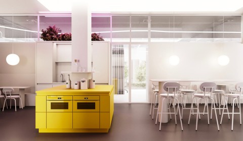 Transformable office space with curtains and flexible work cells