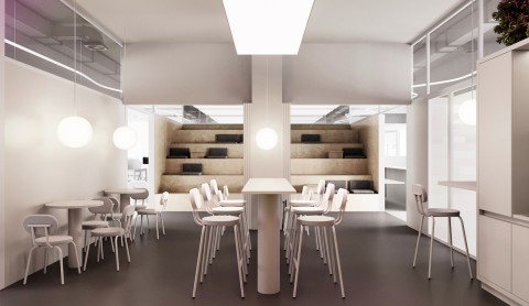 Curvilinear light guiding circular flow through Office for IT company concept