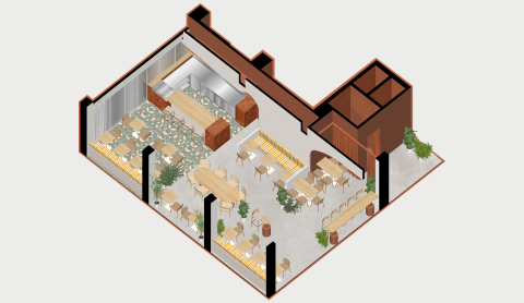 Axonometric drawing of the Peers restaurant interior layout