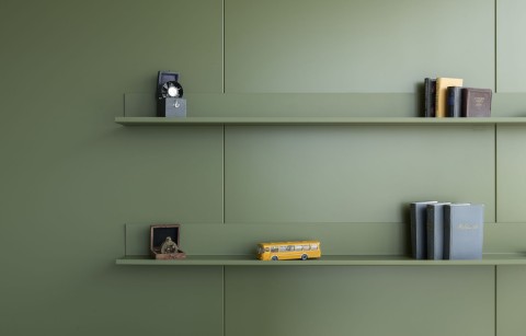 Olive storage wall detail with shelves and personal objects in a private office