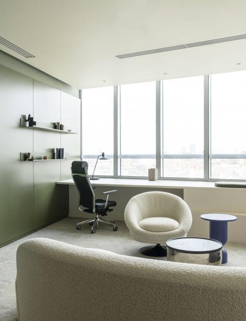 Private office window desk with lounge seating and olive wall storage