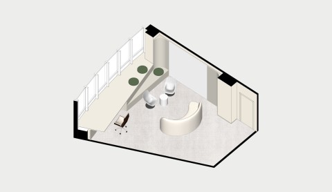 Axonometric layout drawing of a compact private office with workspace and lounge zone