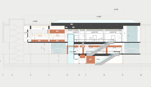 Section diagram of Siesta Shopping Center interior concept and circulation