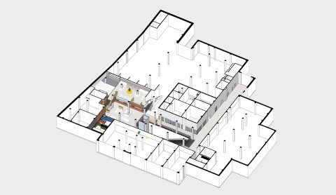 Axonometric scheme of Siesta Shopping Center retail interior and gallery layout
