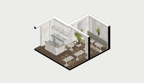 Axonometric diagram showing the spatial concept and layout of Stories restaurant