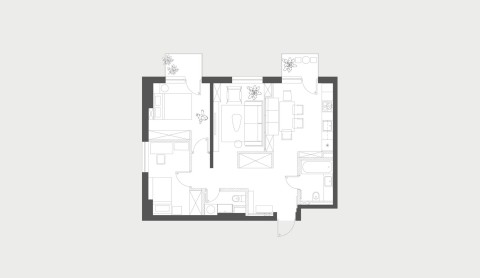 Floor plan drawing of Terra Apartment with living room, kitchen, bedrooms and bathrooms