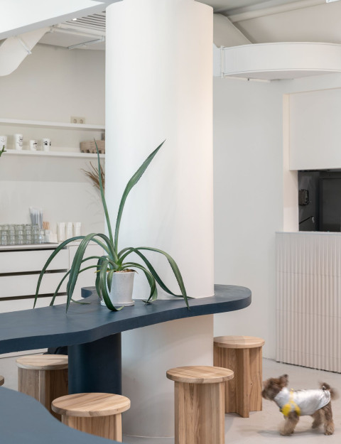 Window-side table and bench seating inside The Waterfront Cafe with blue wall and sandy finishes
