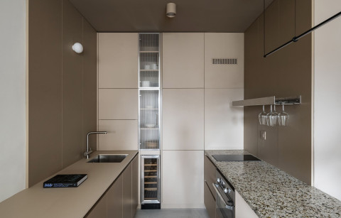 Vracar Apartment living room with a black oak cube, white walls and graphite details