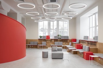 Yandex x ITMO multifunctional university space with yellow accents and flexible coworking furniture