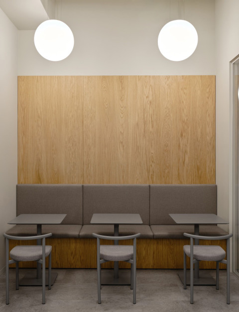 Wide plant shelving detail inside Yandex Office 02 cafeteria and lounge area