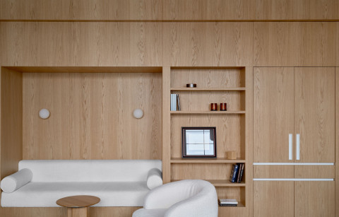 Wide lounge and informal communication area at Yandex Office 02 with plants and timber shelving