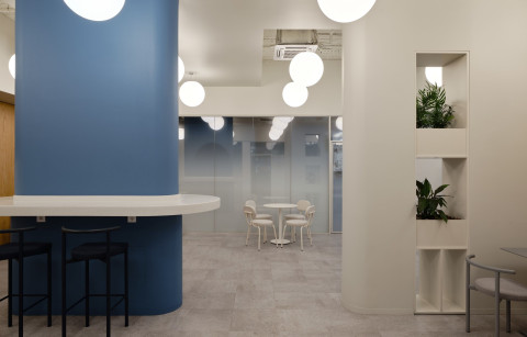 Wide office zone at Yandex Office 02 with indoor plants, shelving and natural daylight