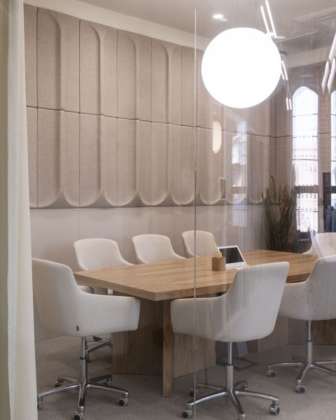 Vertical seating and cafeteria detail inside Yandex Office 01