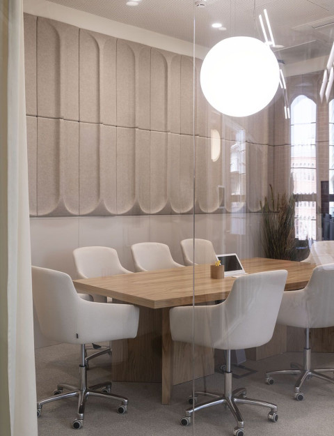 Vertical seating and cafeteria detail inside Yandex Office 01