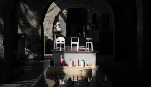 Chair exhibition room showing the creative process from materials to object