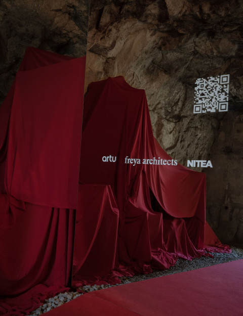 Red fabric and covered furniture detail from Cemetery of genius ideas