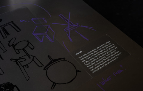 Wide view of raw materials and design process elements in the chair exhibition